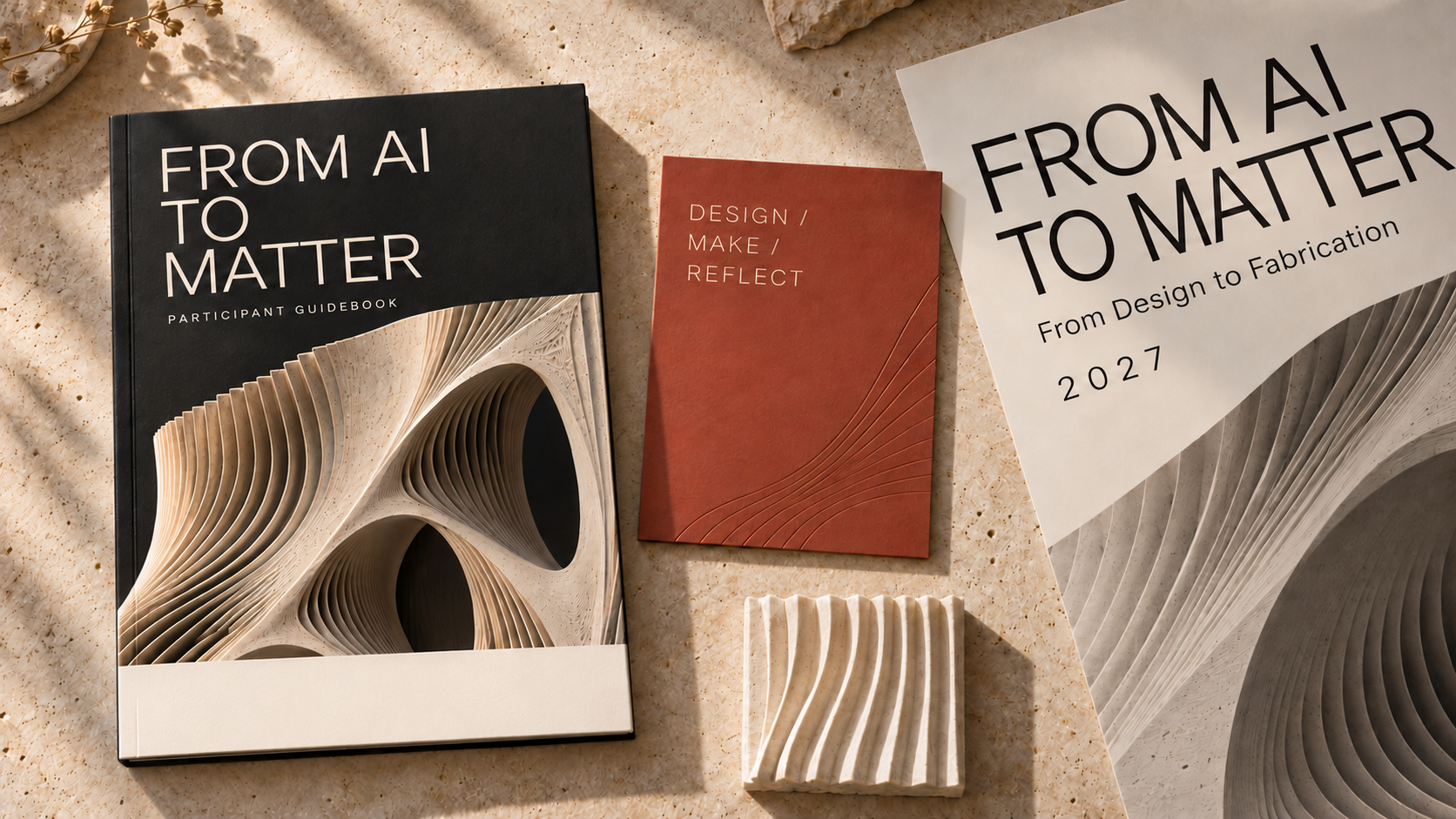 Concept of the From AI to Matter guidebook, clay-coloured workbook and façade study model